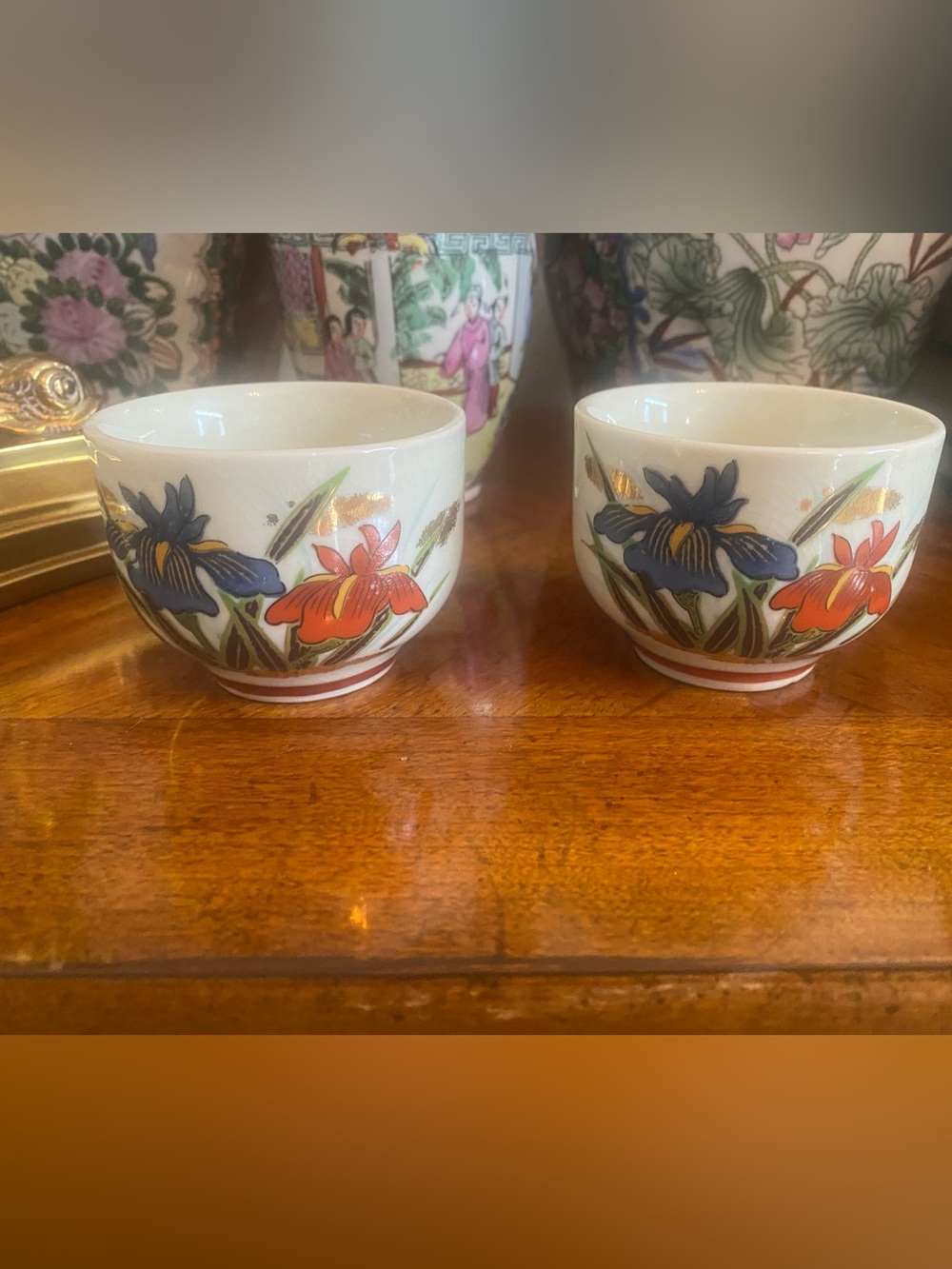 Vintage PAIR Hand-Painted Porcelain Japanese Tea Cups w/Blue & Orange Floral